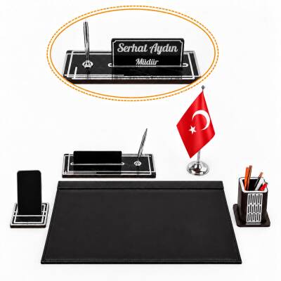 Ares Gümüş Türk Bayraklı Siyah Deri Sümen Takımı Mermer Desen Ahşap İsme Özel Masa İsimliği İsimlik - Ofistike