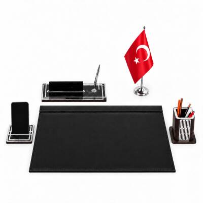 Ares Gümüş Türk Bayraklı Siyah Deri Sümen Takımı Mermer Desen Ahşap İsme Özel Masa İsimliği İsimlik - 2
