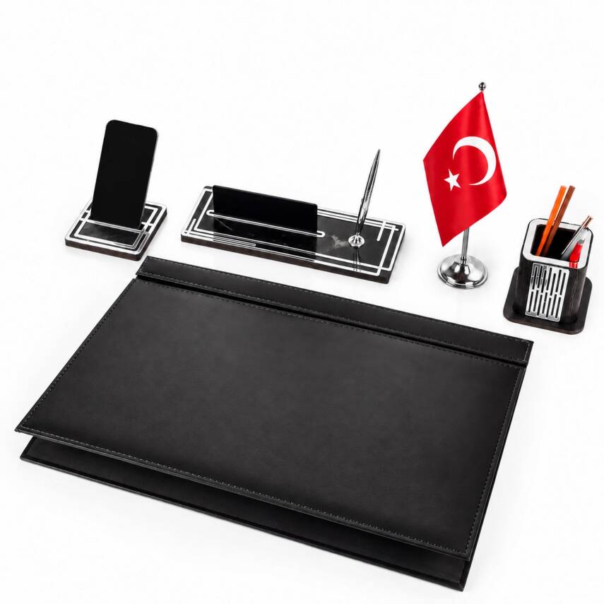 Ares Gümüş Türk Bayraklı Siyah Deri Sümen Takımı Mermer Desen Ahşap İsme Özel Masa İsimliği İsimlik - 3