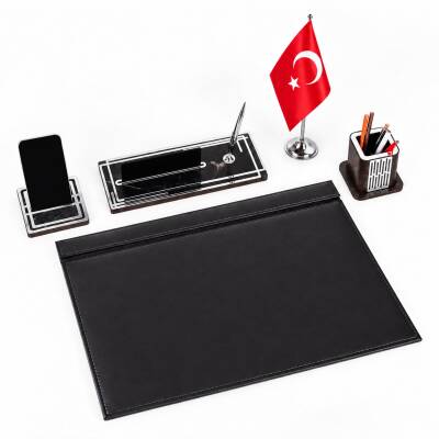 Ares Gümüş Türk Bayraklı Siyah Deri Sümen Takımı Mermer Desen Ahşap İsme Özel Masa İsimliği İsimlik - 4
