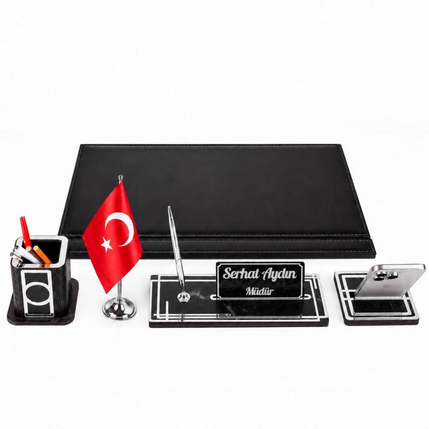 Ares Gümüş Türk Bayraklı Siyah Deri Sümen Takımı Mermer Desen Ahşap İsme Özel Masa İsimliği İsimlik - 5