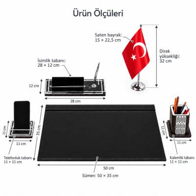Ares Gümüş Türk Bayraklı Siyah Deri Sümen Takımı Mermer Desen Ahşap İsme Özel Masa İsimliği İsimlik - 6