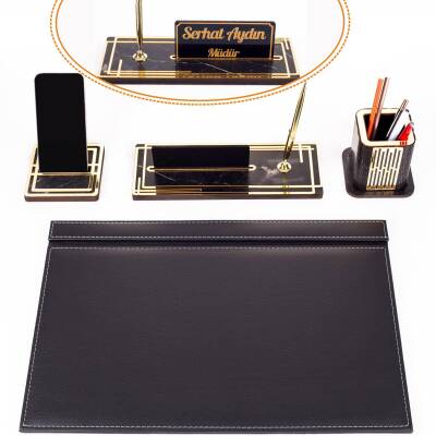 Ares Siyah Deri Sümen Takımı Gold Mermer Desen Ahşap İsme Özel Masa İsimliği İsimlik Seti - 1