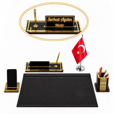 Ares Türk Bayraklı Siyah Deri Sümen Takımı Gold Mermer Desen Ahşap İsme Özel Masa İsimliği İsimlik Seti - Ofistike