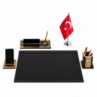 Ares Türk Bayraklı Siyah Deri Sümen Takımı Gold Mermer Desen Ahşap İsme Özel Masa İsimliği İsimlik Seti - 2