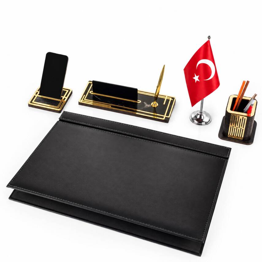 Ares Türk Bayraklı Siyah Deri Sümen Takımı Gold Mermer Desen Ahşap İsme Özel Masa İsimliği İsimlik Seti - 3