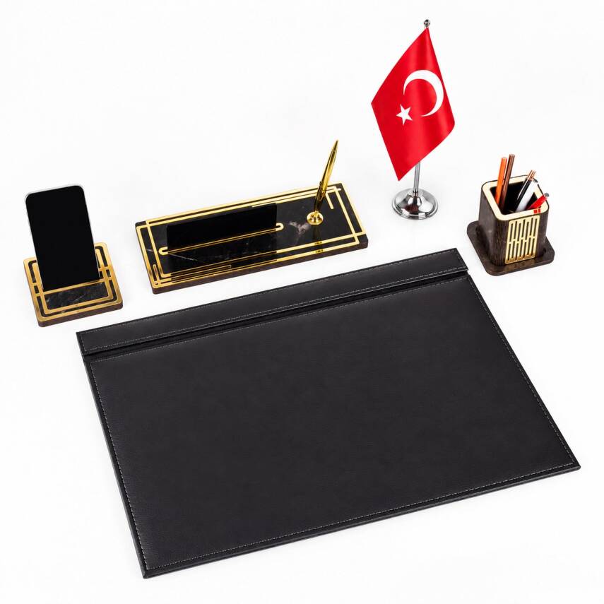 Ares Türk Bayraklı Siyah Deri Sümen Takımı Gold Mermer Desen Ahşap İsme Özel Masa İsimliği İsimlik Seti - 4