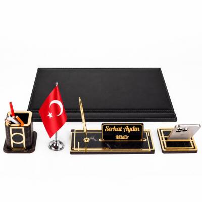 Ares Türk Bayraklı Siyah Deri Sümen Takımı Gold Mermer Desen Ahşap İsme Özel Masa İsimliği İsimlik Seti - 5