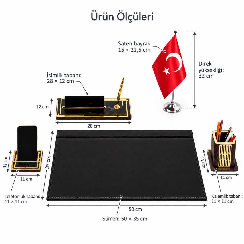 Ares Türk Bayraklı Siyah Deri Sümen Takımı Gold Mermer Desen Ahşap İsme Özel Masa İsimliği İsimlik Seti - 6
