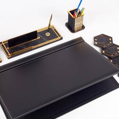 Aslan Biblolu Altın Deri Sümen Takımı Mermer Desen Ahşap İsme Özel Masa İsimliği Masaüstü İsimlik - 5