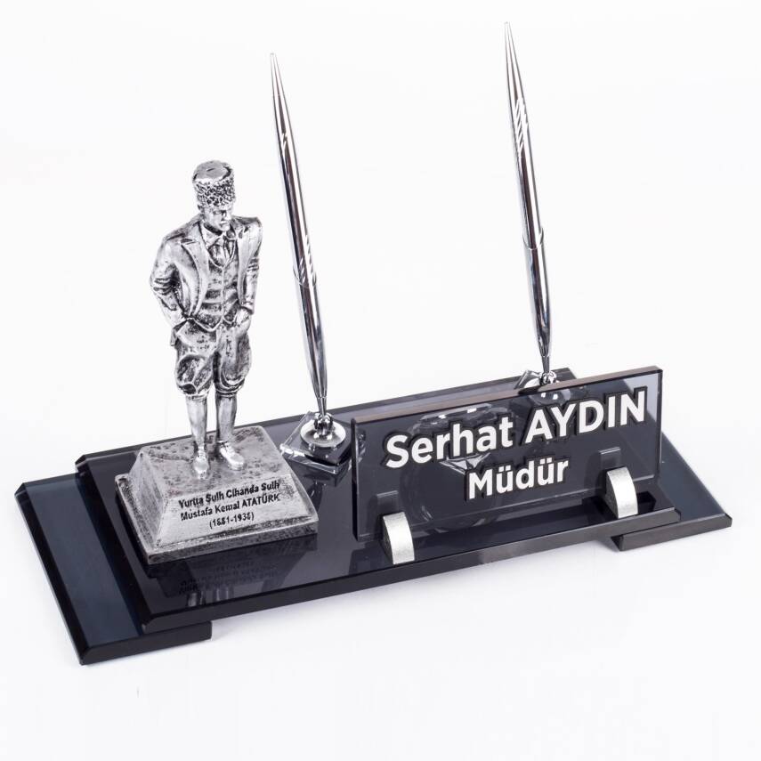 Atatürk Heykeli Biblolu Elit Kristal İsimlik Masa İsimliği Çift Kalemli İsimlik Lüks Ofis Hediye - 1