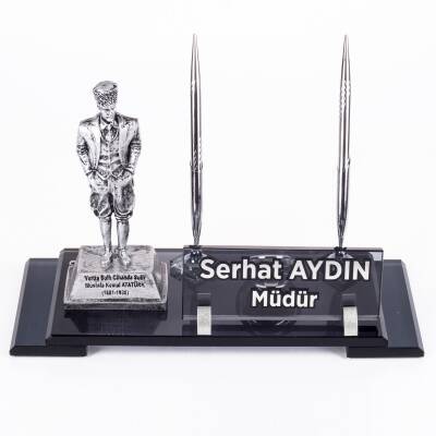 Atatürk Heykeli Biblolu Elit Kristal İsimlik Masa İsimliği Çift Kalemli İsimlik Lüks Ofis Hediye - 3