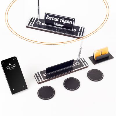 Fantom 6 Parça Deri Aksesuarlı Ahşap Masa İsimliği Seti Mermer Desen Ofis Masa üstü İsimlik Organizer - Ofistike