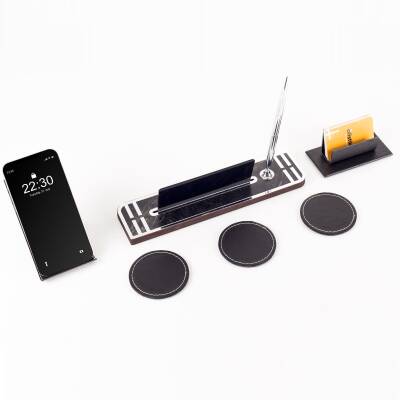 Fantom 6 Parça Deri Aksesuarlı Ahşap Masa İsimliği Seti Mermer Desen Ofis Masa üstü İsimlik Organizer - 2