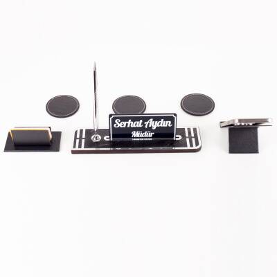 Fantom 6 Parça Deri Aksesuarlı Ahşap Masa İsimliği Seti Mermer Desen Ofis Masa üstü İsimlik Organizer - 5