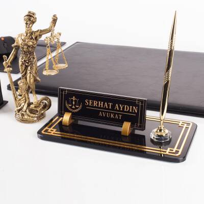 Focus Themis Biblolu Siyah Deri Sümen Takımı ve Kristal Masa İsimliği Avukat Sümen Seti ve İsimlik - 6