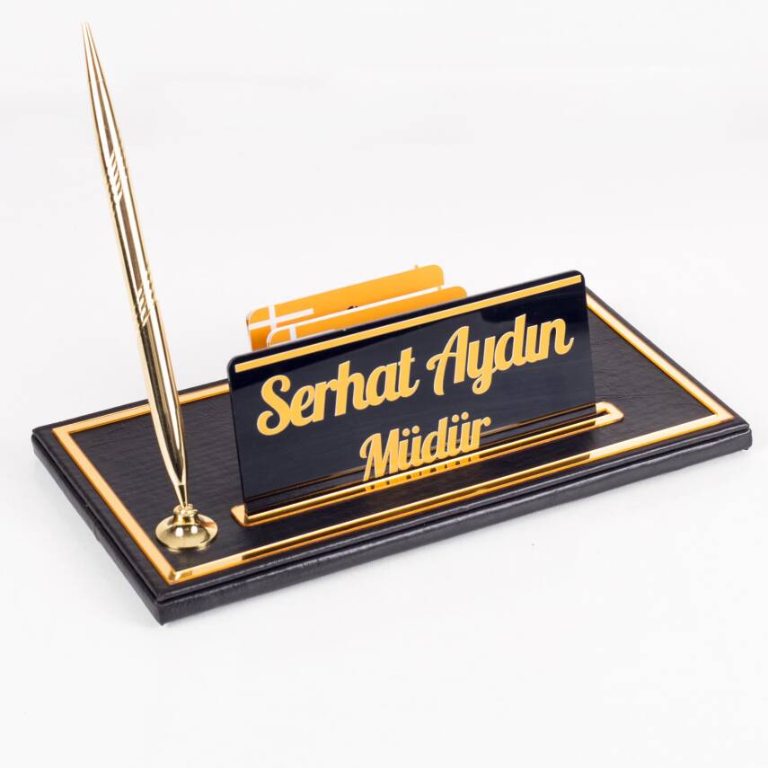 İsme Özel Kalemli Opta Deri İsimlik Ofis Masaüstü İsimlik Hediye Masa İsimliği - 3