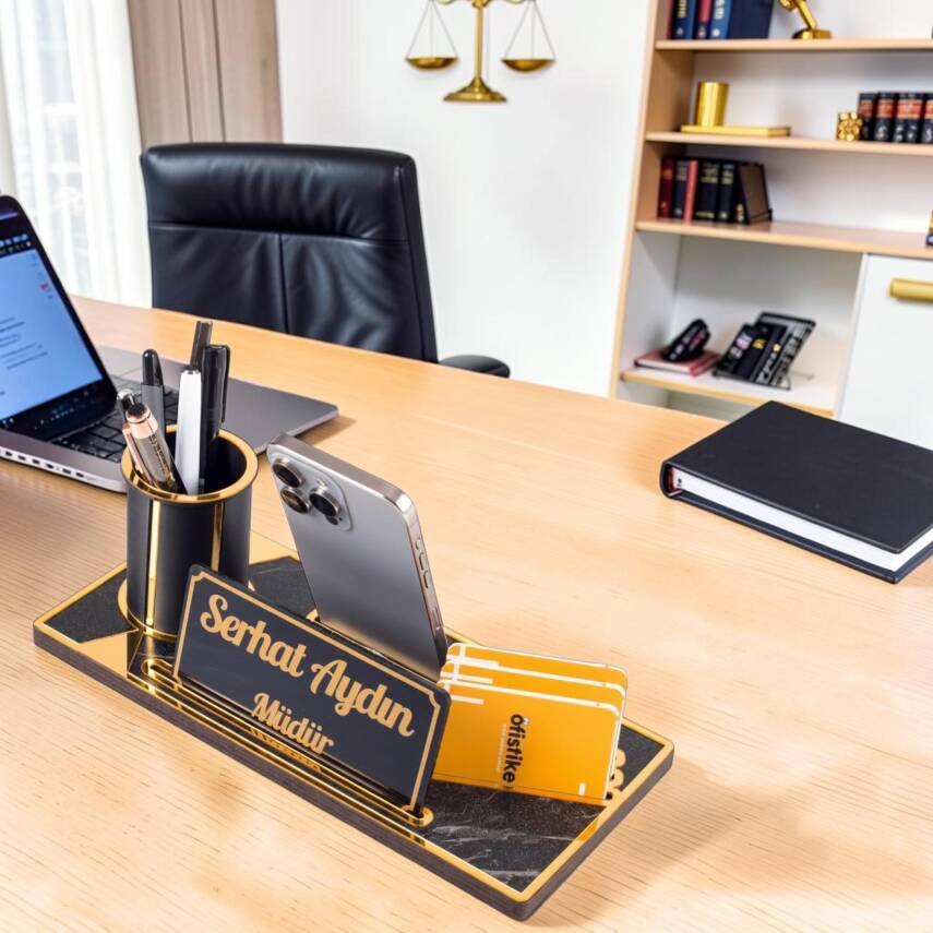 Lora Gold Renk Ahşap Masa Organizeri Mermer Desenli Hediye Ofis Dekoratif Masa üstü İsimlik - 1