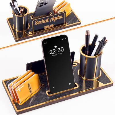 Lora Gold Renk Ahşap Masa Organizeri Mermer Desenli Hediye Ofis Dekoratif Masa üstü İsimlik - 2