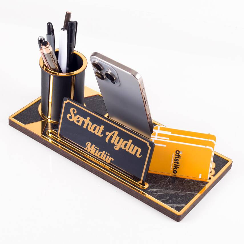 Lora Gold Renk Ahşap Masa Organizeri Mermer Desenli Hediye Ofis Dekoratif Masa üstü İsimlik - 3