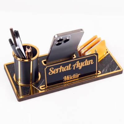 Lora Gold Renk Ahşap Masa Organizeri Mermer Desenli Hediye Ofis Dekoratif Masa üstü İsimlik - 4