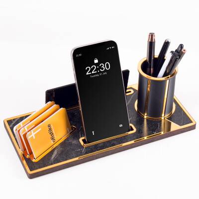 Lora Gold Renk Ahşap Masa Organizeri Mermer Desenli Hediye Ofis Dekoratif Masa üstü İsimlik - 5