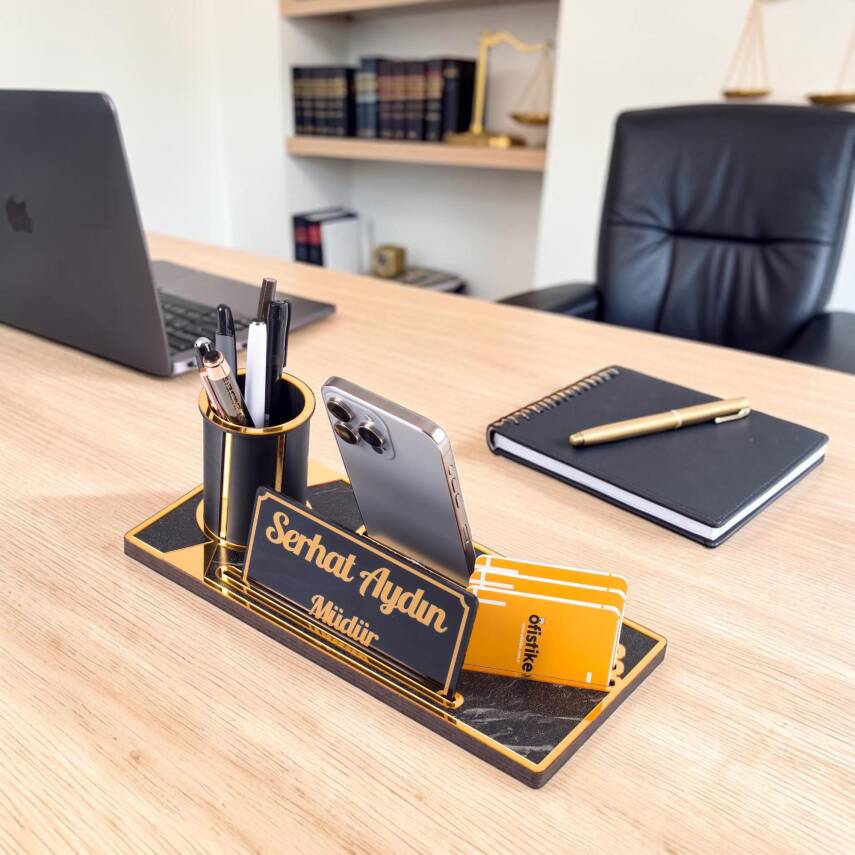 Lora Gold Renk Ahşap Masa Organizeri Mermer Desenli Hediye Ofis Dekoratif Masa üstü İsimlik - 7