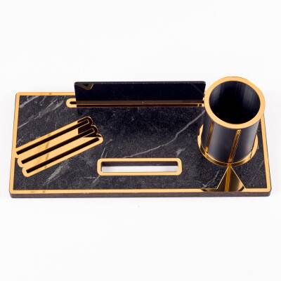 Lora Gold Renk Ahşap Masa Organizeri Mermer Desenli Hediye Ofis Dekoratif Masa üstü İsimlik - 8
