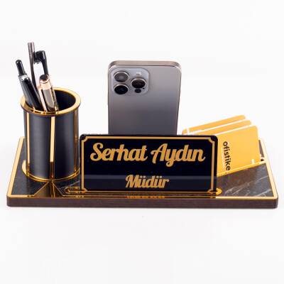 Lora Gold Renk Ahşap Masa Organizeri Mermer Desenli Hediye Ofis Dekoratif Masa üstü İsimlik - 9