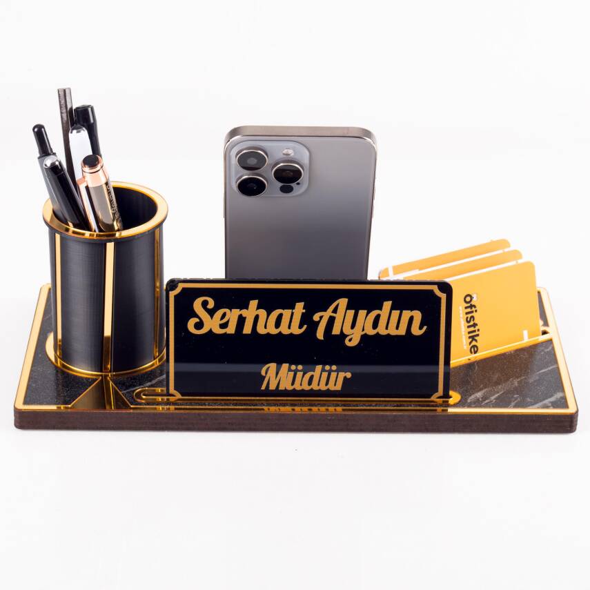 Lora Gold Renk Ahşap Masa Organizeri Mermer Desenli Hediye Ofis Dekoratif Masa üstü İsimlik - 9