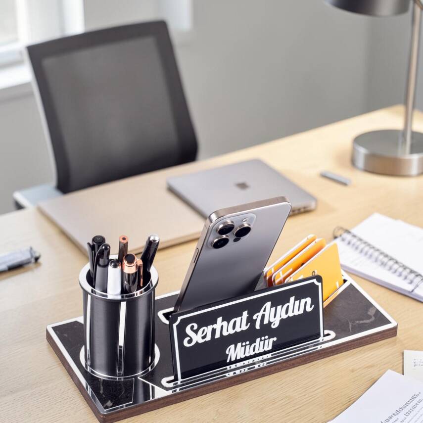 Lora Gümüş Renk Ahşap Masa Organizeri Mermer Desenli Hediye Ofis Dekoratif Masa üstü İsimlik - 1