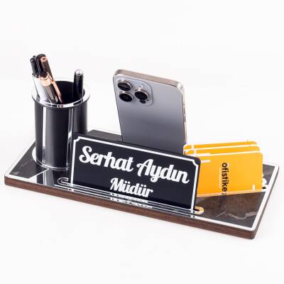 Lora Gümüş Renk Ahşap Masa Organizeri Mermer Desenli Hediye Ofis Dekoratif Masa üstü İsimlik - 2
