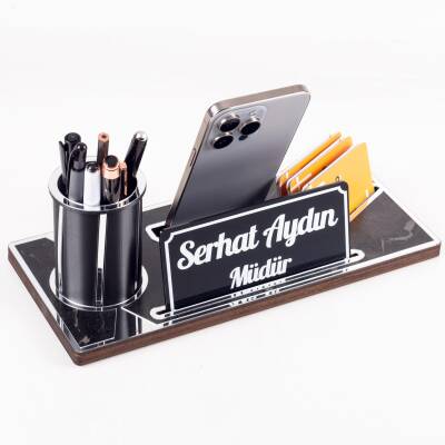 Lora Gümüş Renk Ahşap Masa Organizeri Mermer Desenli Hediye Ofis Dekoratif Masa üstü İsimlik - 3