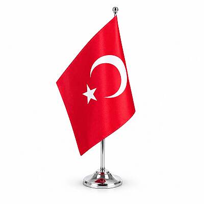 Masa Üstü Türk Bayrağı Krom Direk Seti 15x23 cm Çift Katlı Saten Makam Masası Bayrağı - 