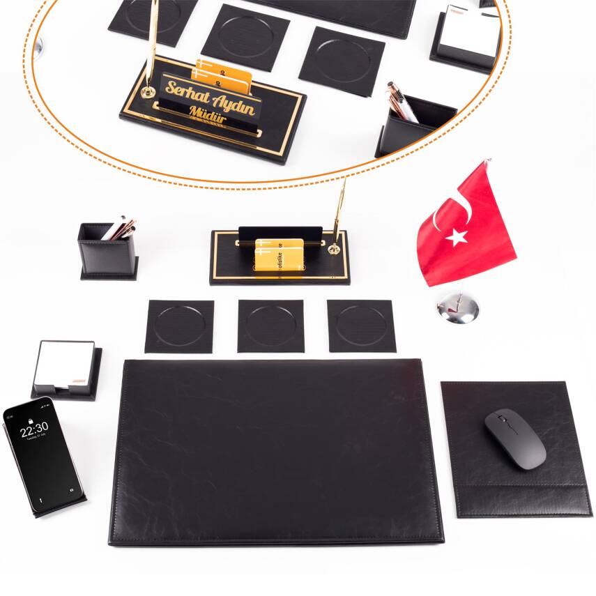 Optima 10 Parça Türk Bayraklı Siyah Deri Sümen Seti Takımı Gold Kalem Ofis Masa İsimliği İsimlik - 1