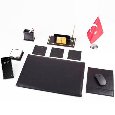 Optima 10 Parça Türk Bayraklı Siyah Deri Sümen Seti Takımı Gold Kalem Ofis Masa İsimliği İsimlik - 3