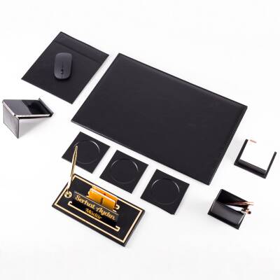 Optima 9 Parça Siyah Deri Sümen Seti Takımı Gold Kalem Ofis Masa İsimliği Kalite Masa Sümeni İsimlik - 5