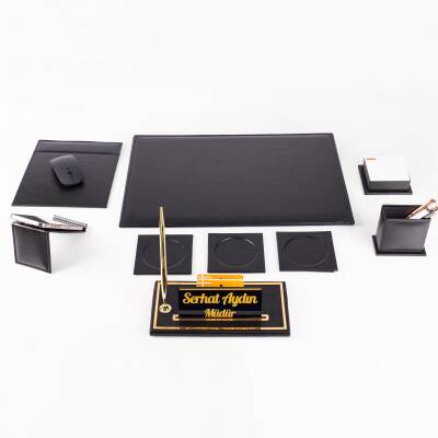 Optima 9 Parça Siyah Deri Sümen Seti Takımı Gold Kalem Ofis Masa İsimliği Kalite Masa Sümeni İsimlik - 6