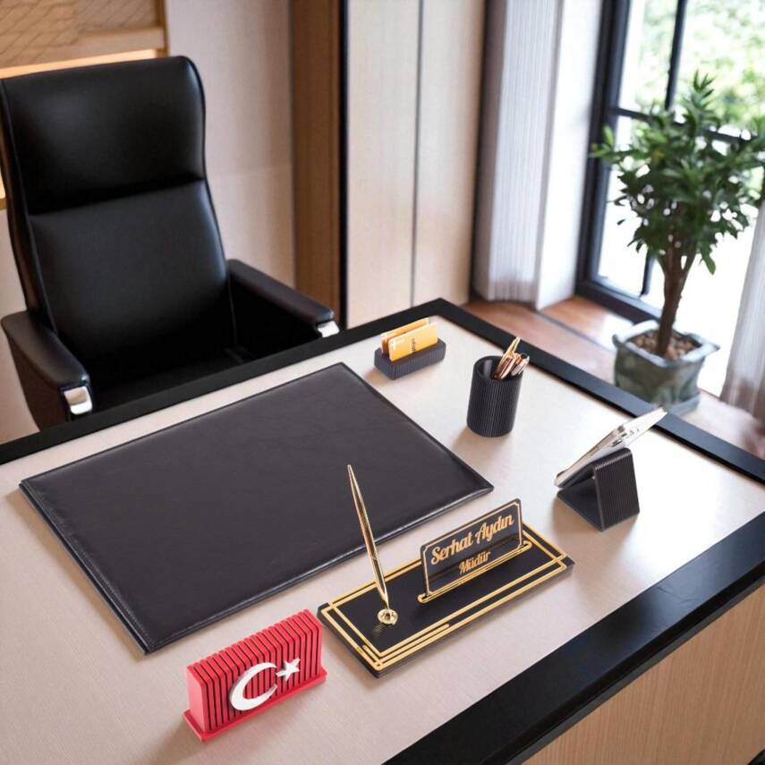 Redora Türk Bayrağı Biblolu Siyah Deri Sümen Seti İsme Özel Ofis Masa İsimliği Masaüstü İsimlik Seti - 1