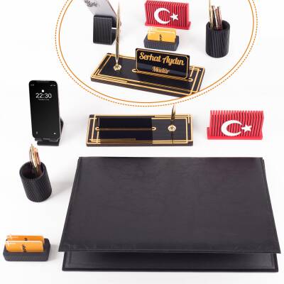Redora Türk Bayrağı Biblolu Siyah Deri Sümen Seti İsme Özel Ofis Masa İsimliği Masaüstü İsimlik Seti - 2