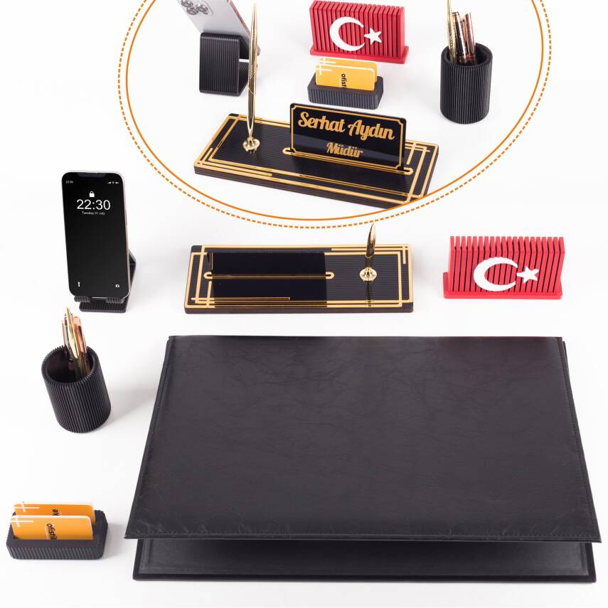Redora Türk Bayrağı Biblolu Siyah Deri Sümen Seti İsme Özel Ofis Masa İsimliği Masaüstü İsimlik Seti - 2