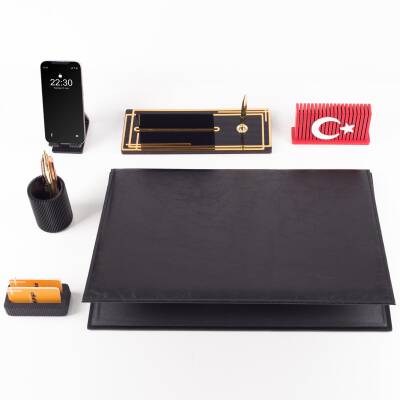 Redora Türk Bayrağı Biblolu Siyah Deri Sümen Seti İsme Özel Ofis Masa İsimliği Masaüstü İsimlik Seti - 3