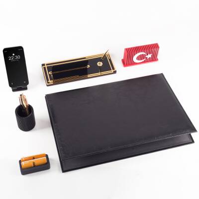 Redora Türk Bayrağı Biblolu Siyah Deri Sümen Seti İsme Özel Ofis Masa İsimliği Masaüstü İsimlik Seti - 5