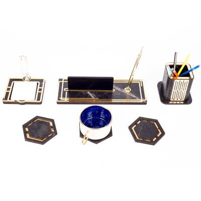 Retro Gold Kalemli Ataçlı Ahşap Masa İsimliği Bardak Altlığı Kalemlik Notluk İsimlik Masa Seti - 3