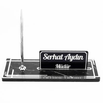 Space Gümüş Kalemli Ahşap Masa İsimliği Mermer Desenli Hediye Ofis Dekoratif Masa üstü İsimlik - 3