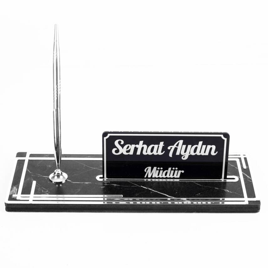 Space Gümüş Kalemli Ahşap Masa İsimliği Mermer Desenli Hediye Ofis Dekoratif Masa üstü İsimlik - 3