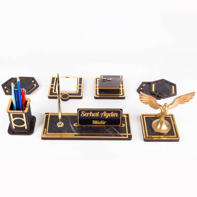 Space+Anka Kuşu Biblolu Gold Ahşap Masa İsimliği Seti Mermer Desenli Ofis Hediyesi Masa üstü İsimlik - 2