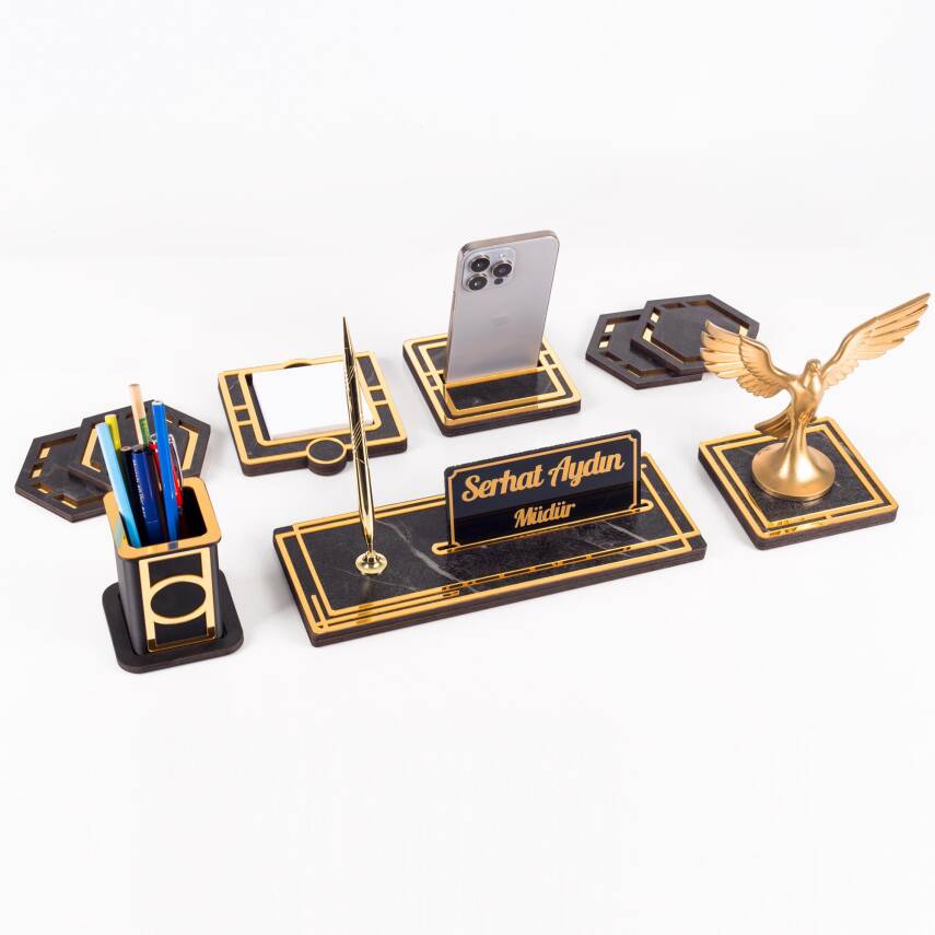 Space+Anka Kuşu Biblolu Gold Ahşap Masa İsimliği Seti Mermer Desenli Ofis Hediyesi Masa üstü İsimlik - 4
