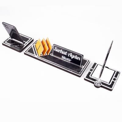 Star Gümüş Kalemli Ahşap Masa İsimliği Mermer Desenli Hediye Masa Seti Ofis Masa İsimlik Organizer - 1