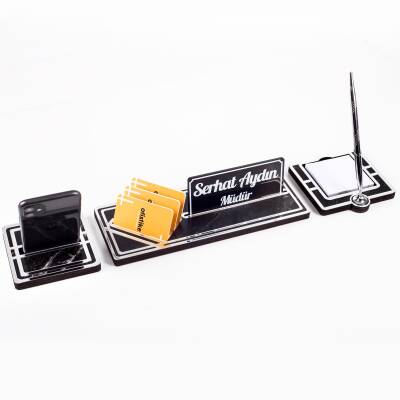 Star Gümüş Kalemli Ahşap Masa İsimliği Mermer Desenli Hediye Masa Seti Ofis Masa İsimlik Organizer - 2